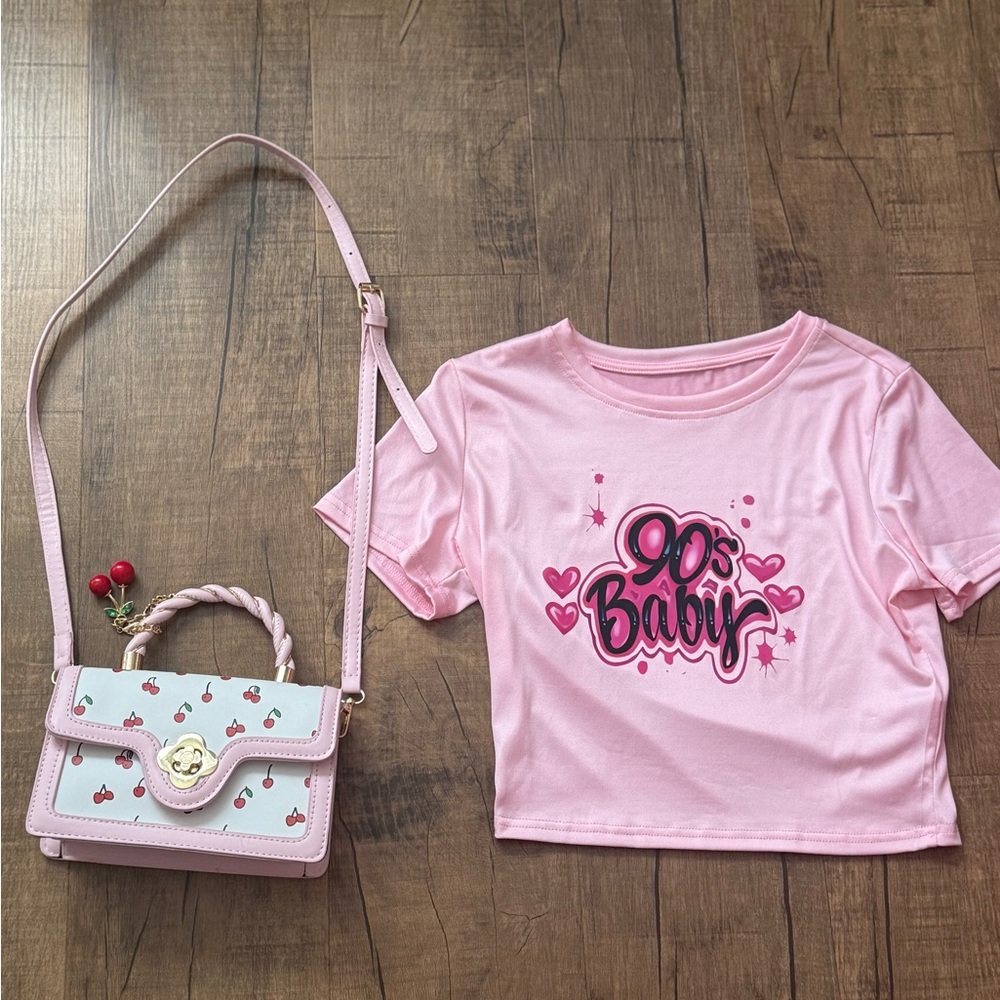 Pink '90s Baby Crop Top & Cherry Print Crossbody Purse